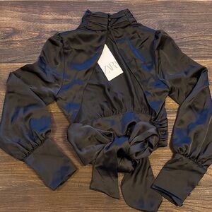 Zara Black Satin Backless Top with Bow Accent